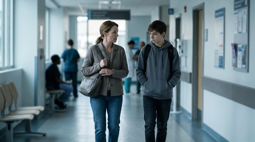 Mother and teenage son walking down a hospital hallway