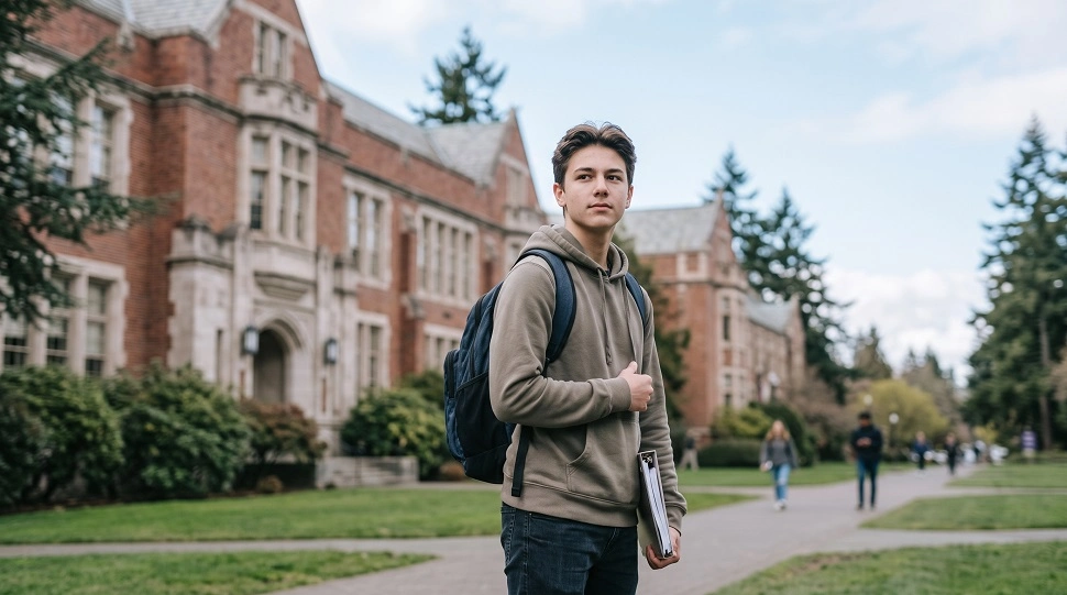 College student with a backpack standing on a campus