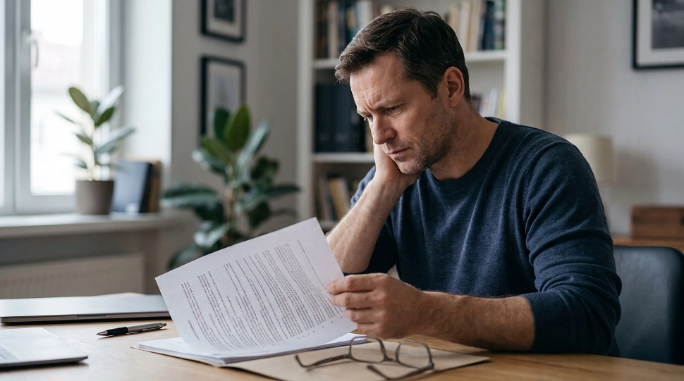 Father reading a child support order at his desk