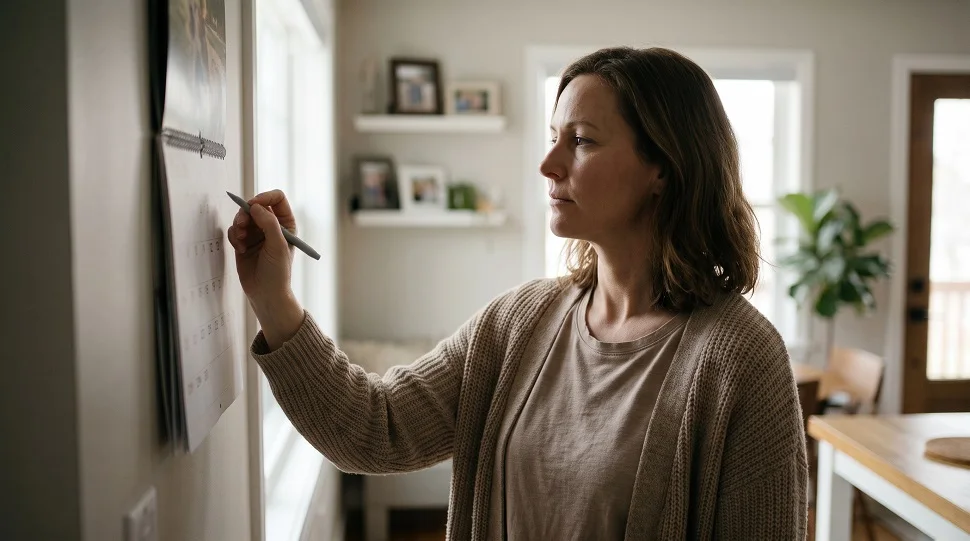 Mother marking a date on a wall calendar at home