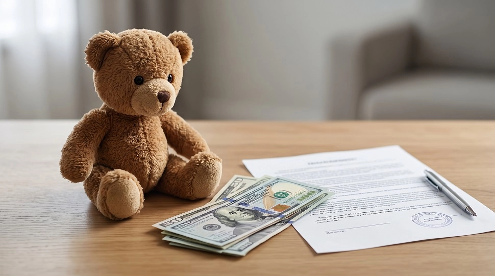 Teddy bear next to cash and a signed support document on a table